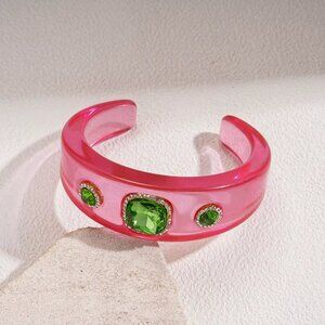 Pink Resin Cuff Bracelet Green Crystal Rhinestone Statement Bracelet NEW